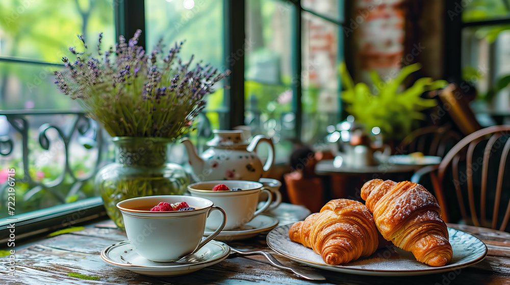 Breakfast in Bloom. Croissant, Cake, and Flowers Breakfast in Bloom. Croissant, Cake, and Flowers