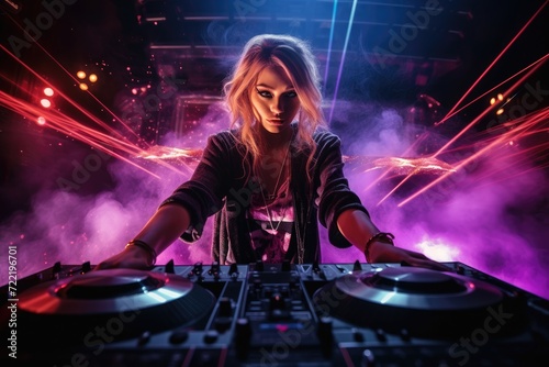 A woman DJ skillfully mixes music while standing in front of vibrant purple and red lights.