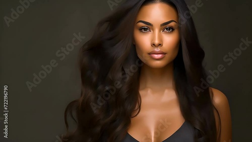 Beautiful black young woman model with black hair against dark background