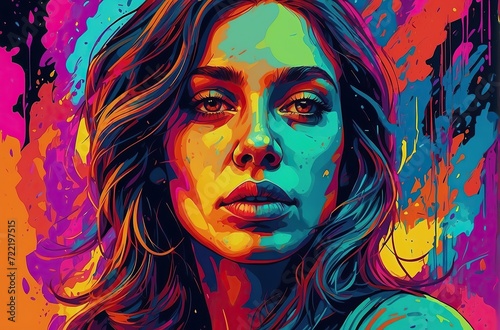 A Bold Neon Portrait of a Stoned Woman Experiencing Hallucinations with Splash Art  Glowy Smoke  and Cel-Shading Style in High Saturation 