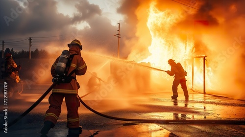 Firefighter Training, Brave Fireman in Action with Water and Extinguisher