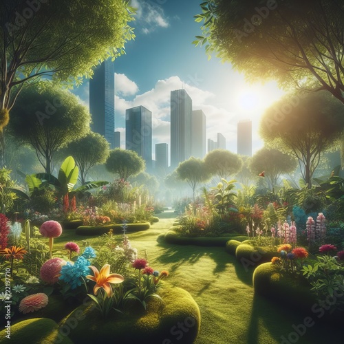  futuristic green scene, in the style of photorealistic cityscapes, birds & flowers, forest garden, generative ai