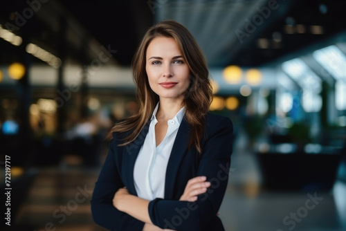 A confident woman stands tall in a city park, her arms crossed, exuding strength and self-assurance. photo