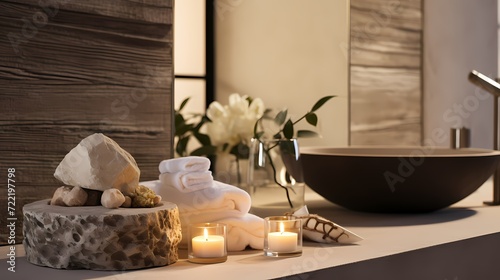 A spa-like bathroom with natural stone textures, featuring skincare products and a candle, setting a serene atmosphere for self-care