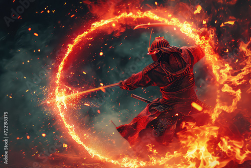 3d illustration of a samurai in a demonic red mask on the battlefield makes a swing with a katana creating a sizzling fire ring around, he is a mystical martial. illustration painting photo