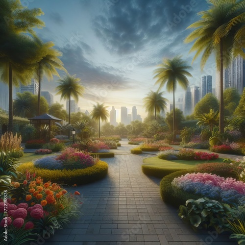  futuristic green scene, in the style of photorealistic cityscapes, birds & flowers, forest garden, generative ai