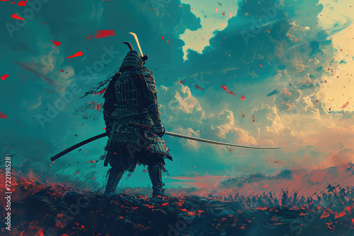 illustration painting A samurai with a katana stands ready to fight against a huge army. 3D illustration, digital art style.