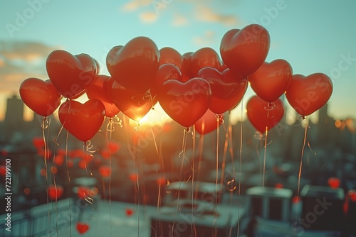 Slow-motion footage of heart balloons being released from a rooftop