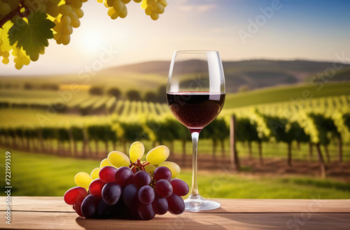 Wine glass and grapes on vineyard 