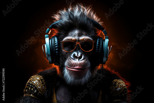 DJ monkey.  Monkey with headphones © EwaStudio