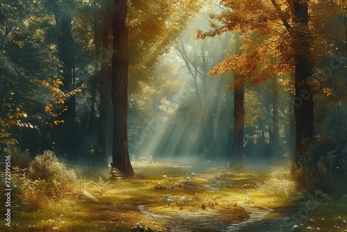 Artistic conception of beautiful landscape painting of nature of forest, background illustration, tender and dreamy design. © Ahtesham