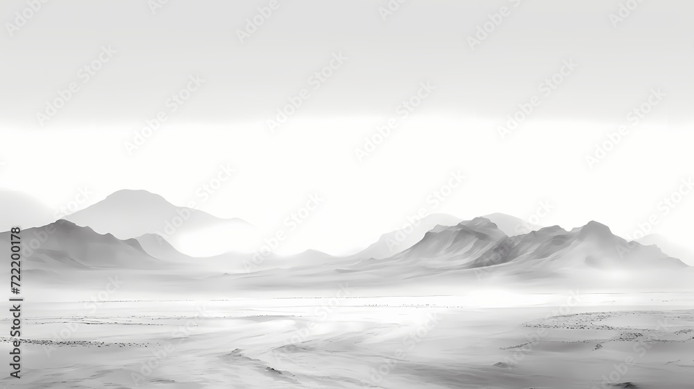 A black and white minimalist depiction of a desert landscape through delicate ink strokes, conveying a sense of solitude and purity