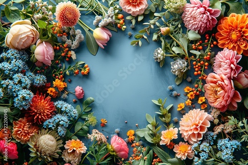 Top-down view of a blank card surrounded by different types of blooming flowers