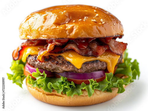 Burger with thick slices of grilled meat and topped with green salad, tomato and cheese.