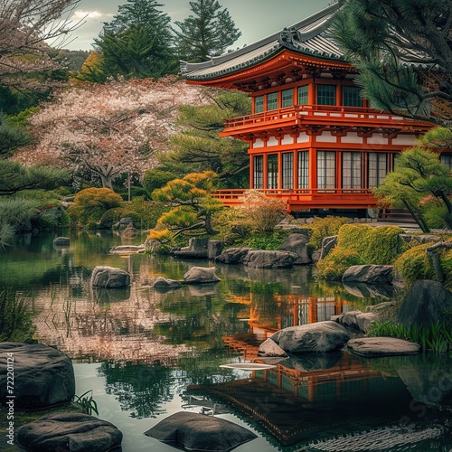 japanese garden  japanese temple  realistic  Photoshot  powerful colors  hdr  full HD  nice landscape  japanese nature  4k  details  blossom cherry tree --v 6 