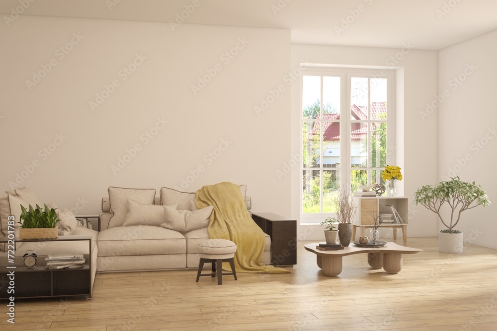Obraz premium Interior design of modern apartment. Interior mockup. Scandinavian interior design. 3D illustration