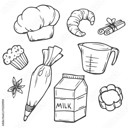 Hand drawn set of baking and cooking tools, mixer, cake, spoon, cupcake, scale. Doodle sketch style.