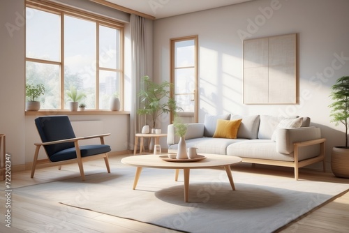 Modern interior japan style design livingroom. Lighting and sunny scandinavian apartment with plaster and wood © Dhiandra
