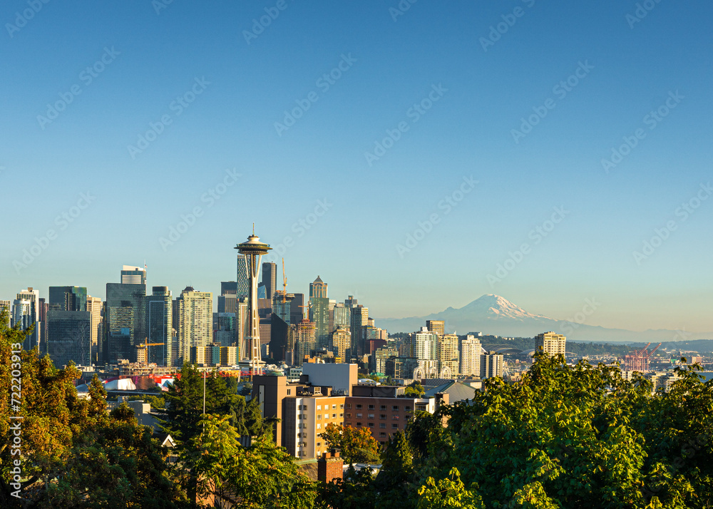 Seattle skyline at dusk with Mt Rainier 