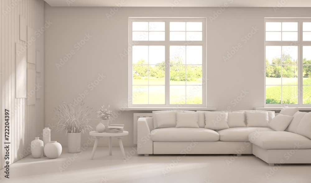 Grey living room concept with sofa and summer landscape in window. Scandinavian interior design. 3D illustration Grey living room concept with sofa and summer landscape in window. Scandinavian interior design. 3D illustration