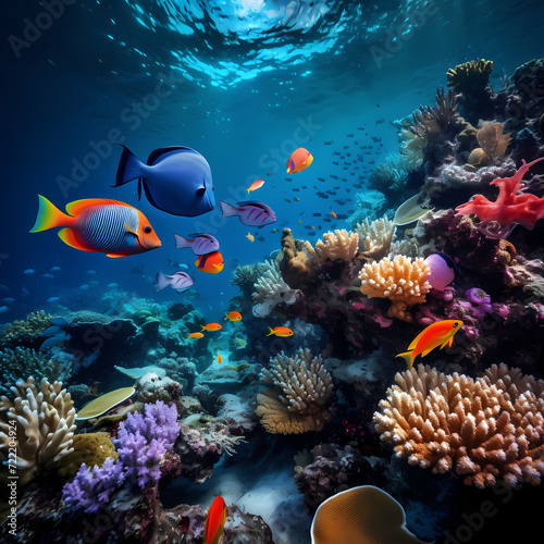 Underwater coral reef with colorful fish.