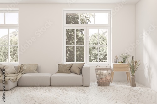 Contemporary classic white interior with furniture and decor and summer landscape in window. Scandinavian interior design. 3D illustration © AntonSh