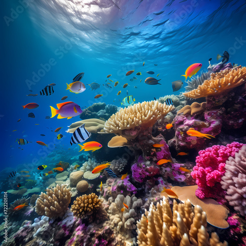 Underwater coral reef with colorful fish. © Cao
