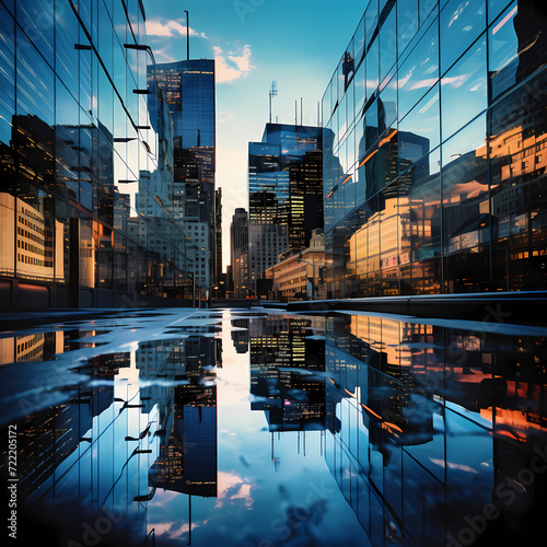 Urban skyline reflected in a glass building. photo