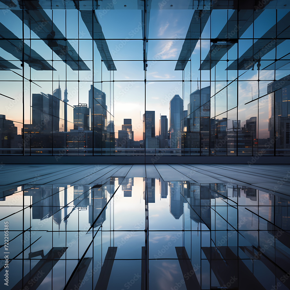© Cao - Urban skyline reflected in a glass building.