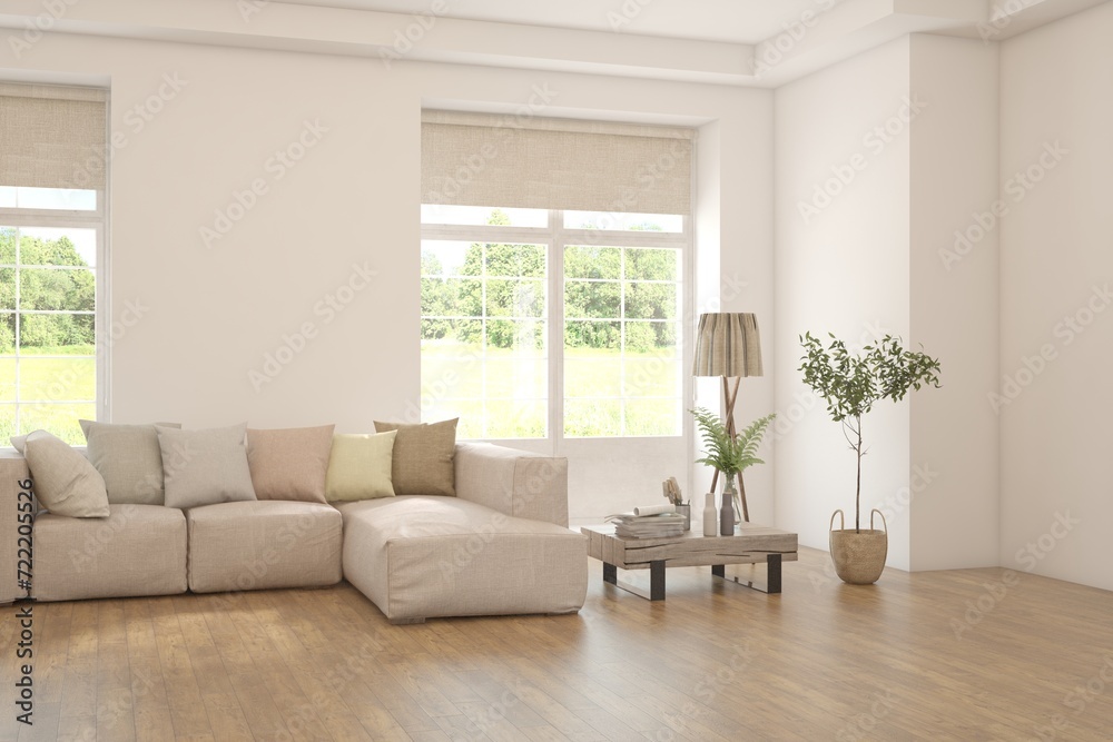 White living room with sofa and summer landscape in window. Scandinavian interior design. 3D illustration White living room with sofa and summer landscape in window. Scandinavian interior design. 3D illustration