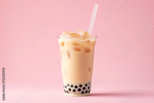 A cup of bubble boba milk tea on pink background. Banner for restaurant photo