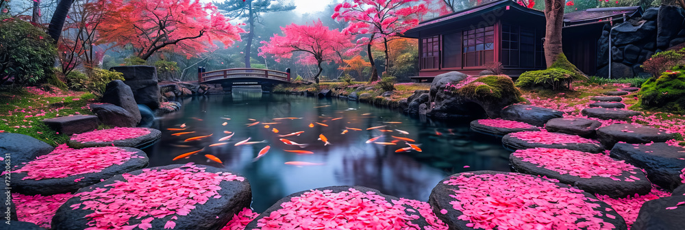 Naklejka premium Japanese Garden. Cherry Blossom. Koi Pond in Full Bloom