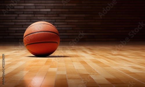 A basketball on an amazing empty basketball court.