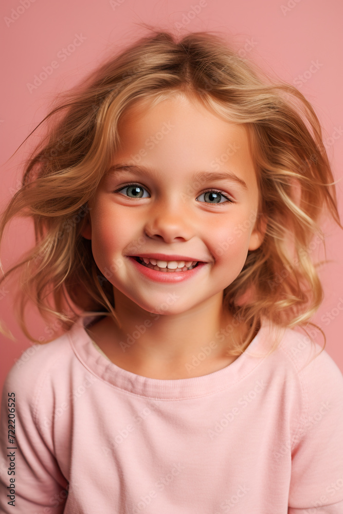 Happy Little Girl Portrait. Joyful Child in a Pink World Happy Little Girl Portrait. Joyful Child in a Pink World