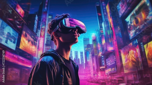 A man in VR glasses against the backdrop of a bright city at night
