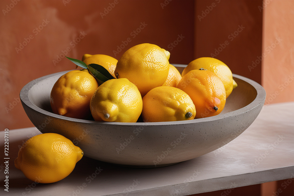 Fresh lemons in a concrete bowl on a grey concrete table and peach-colored wall background.