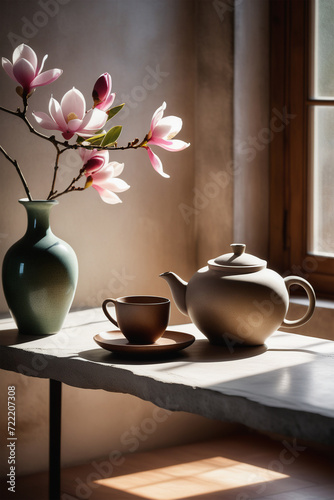 Minimalist interior with live edge concrete countertop. Ceramic vase with magnolia branch and ceramic teapot. Ceramist's workshop. Sunlight and long shadows.