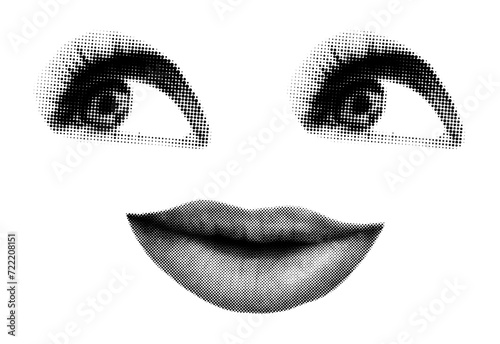 Halftone art collage human face on transparent background. Cut out of magazine shapes, woman's eyes and male lips. Modern retro pop art dotted vector illustration