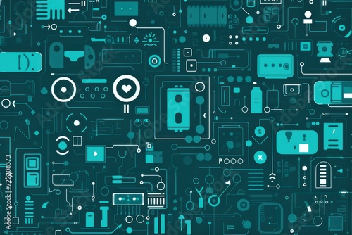 Teal abstract technology background using tech devices and icons