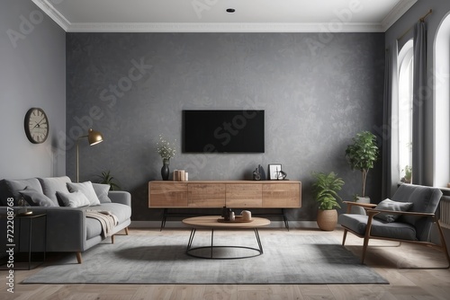Retro style in beautiful living room interior with grey wall © Dhiandra