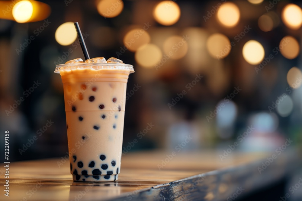 A cup with a straw of milk tea with boba bubbles on a table in a cafe. Banner for restaurant A cup with a straw of milk tea with boba bubbles on a table in a cafe. Banner for restaurant