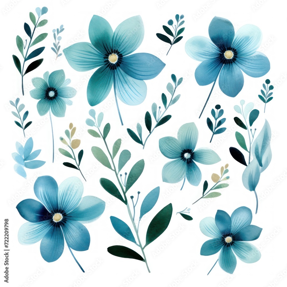 Teal several pattern flower, sketch, illust, abstract watercolor