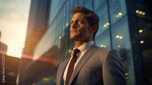 Confident businessman looking towards the future. City background. Generative AI