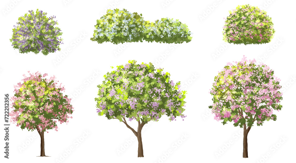 Fototapeta premium Vector watercolor blooming flower tree or forest side view isolated on white background for landscape and architecture drawing,elements for environment or and garden