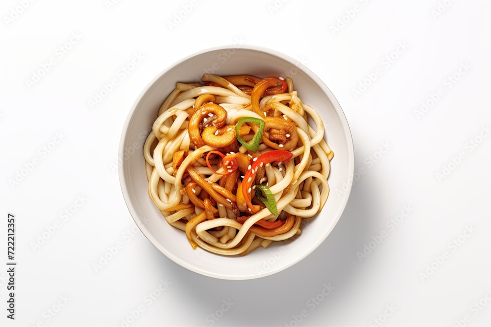 Minimalist composition featuring a bowl of stir-fried yaki udon noodles on a clean, white background Minimalist composition featuring a bowl of stir-fried yaki udon noodles on a clean, white background