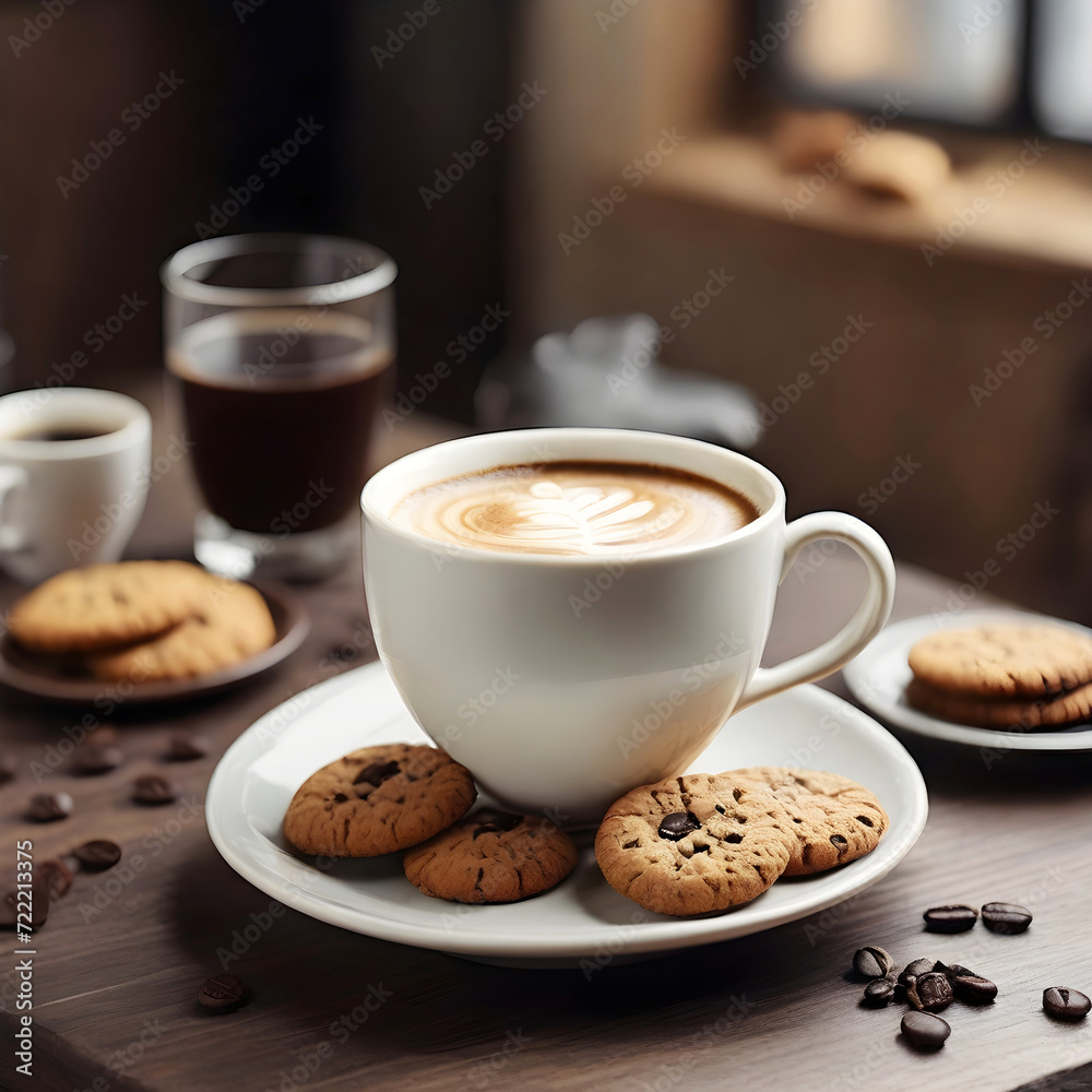 A cup of delicious coffee with cookies on the table A cup of delicious coffee with cookies on the table