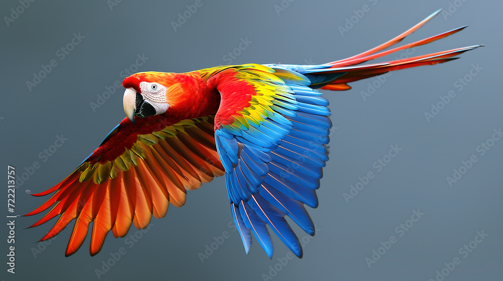 Colorful macaw parrot in flight on a gray background