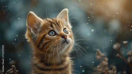 simpatico sfondo con gattino curioso , con sfondo sfocato ed effetti bokeh, wallpaper con cucciolo di gatto e luce radiosa,