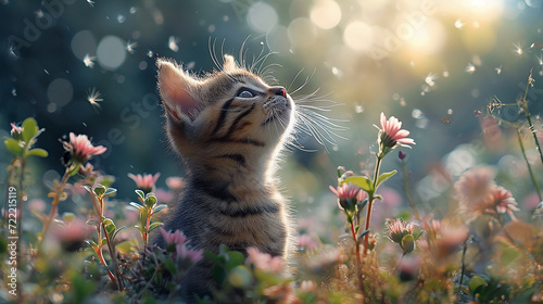 simpatico sfondo con gattino curioso tra i fiori,  con sfondo sfocato ed effetti bokeh, wallpaper con cucciolo di gatto e luce radiosa,  photo