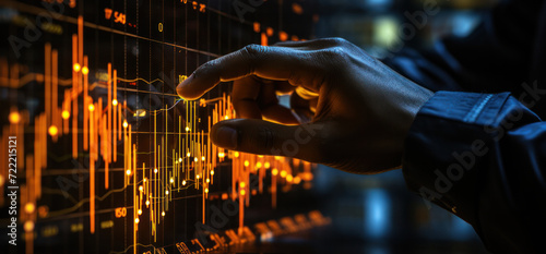 A businessman's hand touches an interactive screen displaying an economic chart, generative AI photo